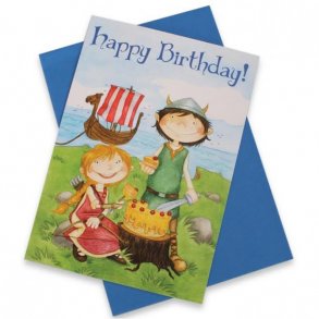 Tillykkekort med vikinger og et vikingeskib