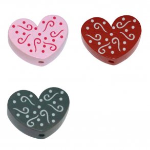 10 stk. Trperler - Hjerter med mnster 30 mm - Lodret - Blandet