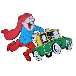 Bramming kravlenisse i tr 40 cm - Nisse med gul/grn bil