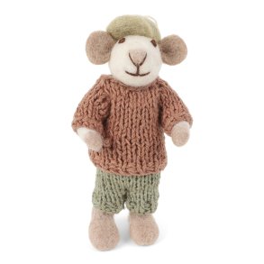 Filtet hvid mus med hat og rosa sweater fra Gry& Sif, 11 cm