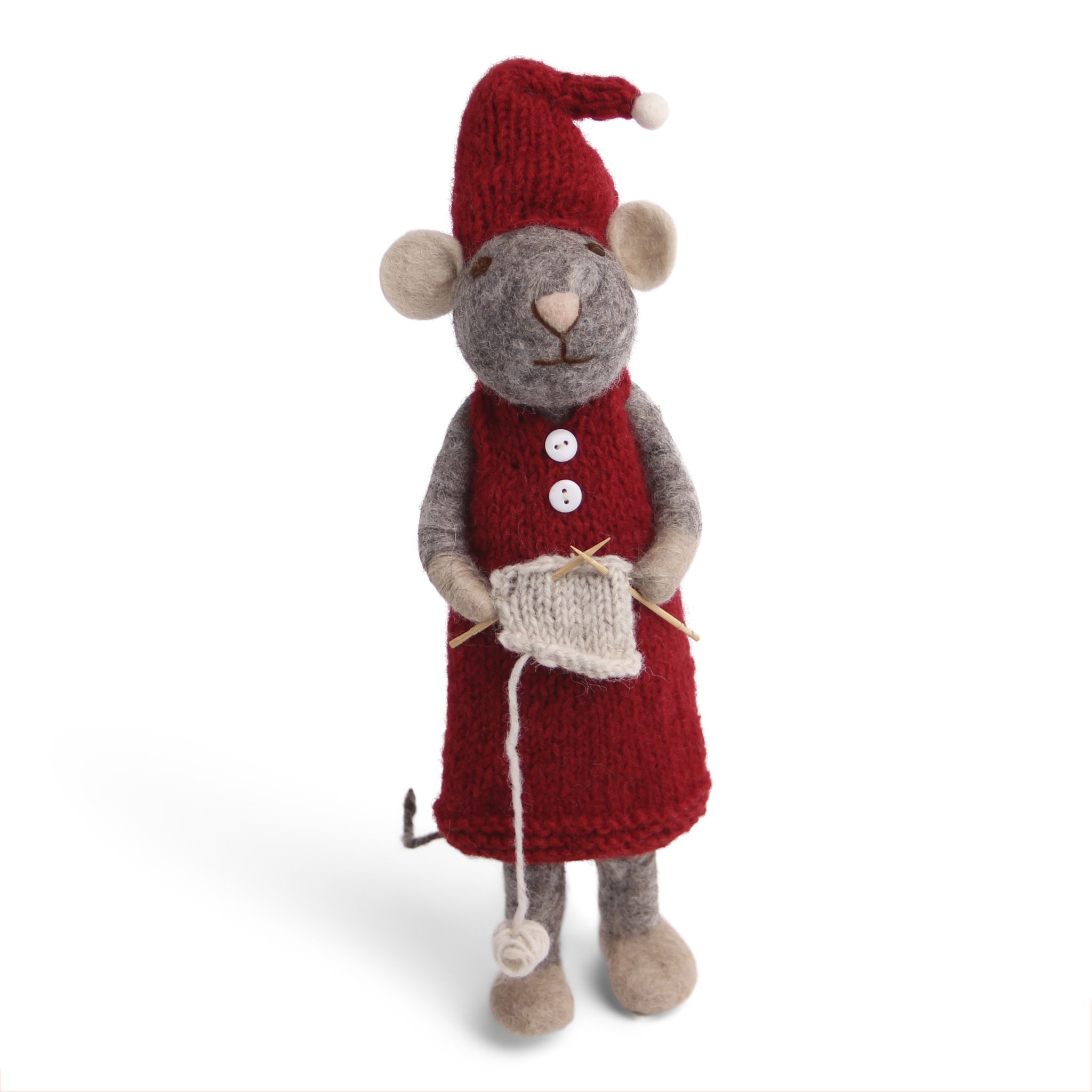 Filtet gr mus med rd kjole og strikketj fra Gry & Sif , Stor, 27 cm