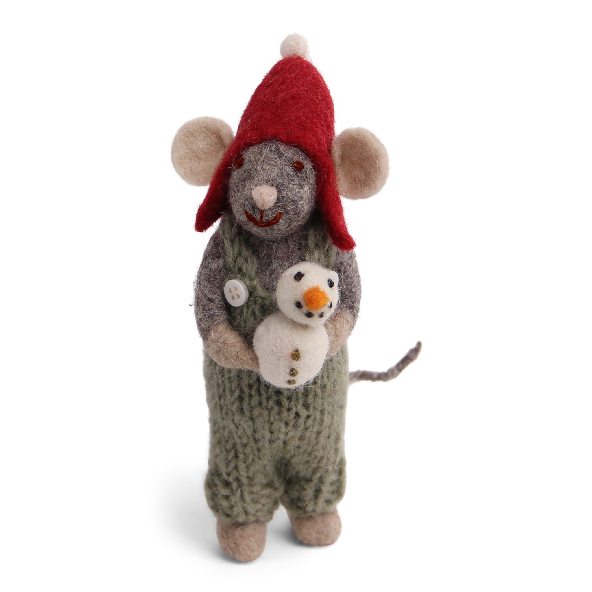 Filtet gr mus med grnne bukser og snemand fra Gry & Sif, 14 cm