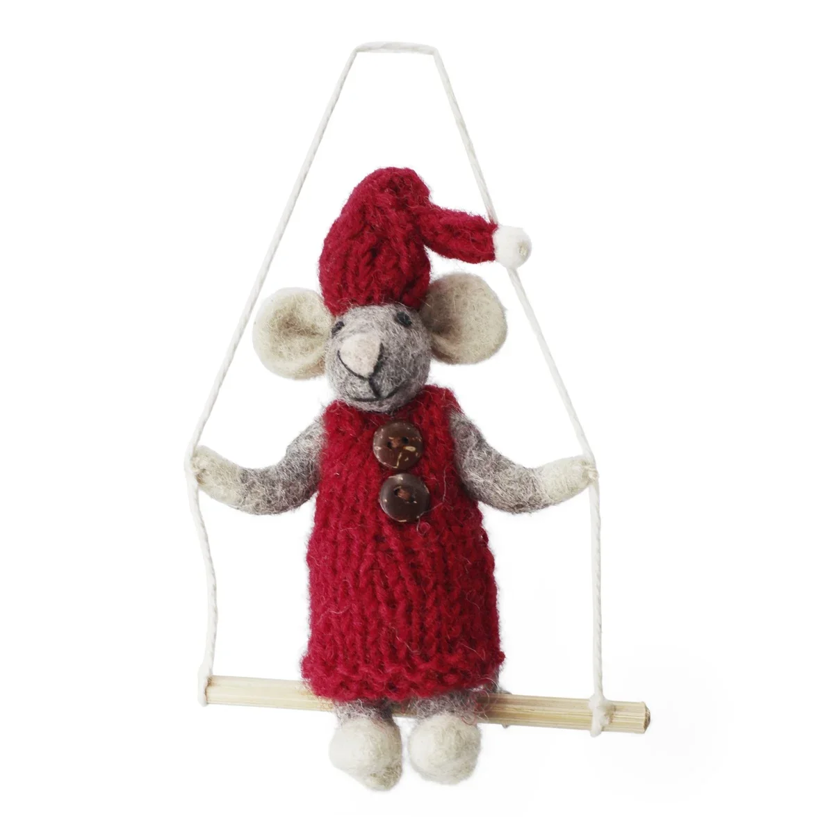 Filtet gr mus med rd kjole og gynge fra En Gry & Sif, 12 cm