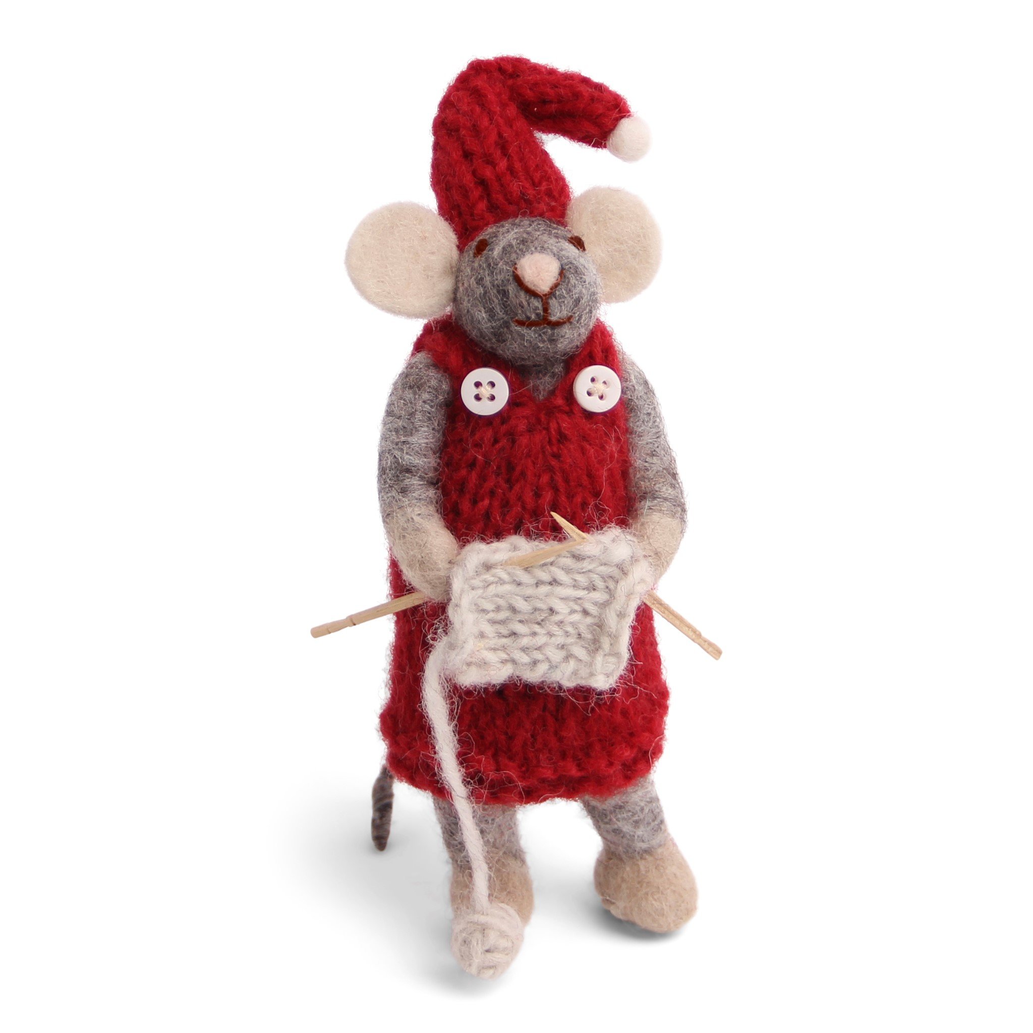 Filtet gr mus med rd kjole og strikketj fra Gry & Sif, 14 cm