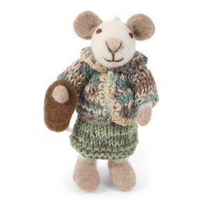 Filtet hvid mus med jakke, kjole og taske fra Gry & Sif, 11 cm