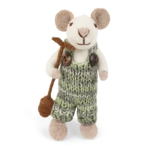 Filtet hvid mus med overalls og spade fra Gry & Sif, 11 cm