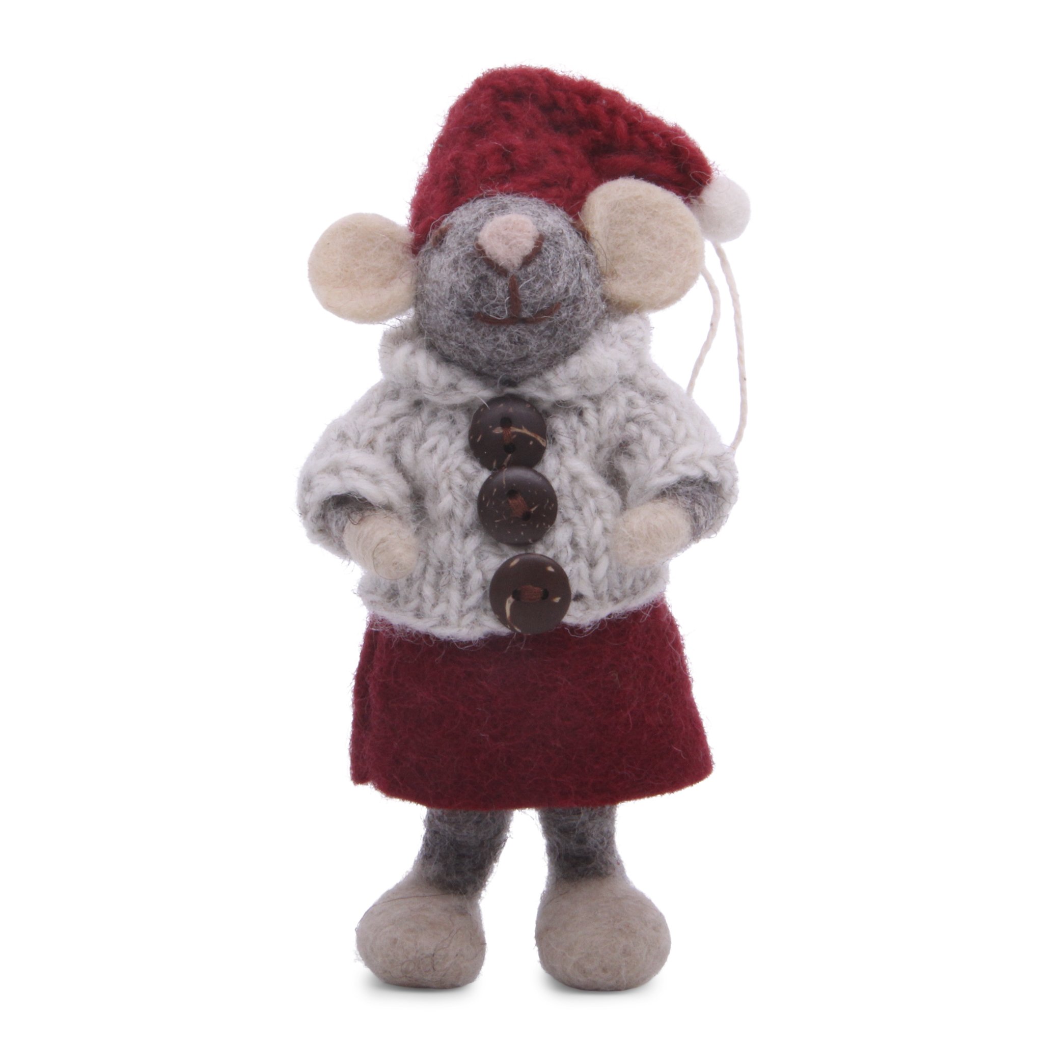 Filtet gr mus med rd kjole og gr trje fra Gry & Sif, 12 cm