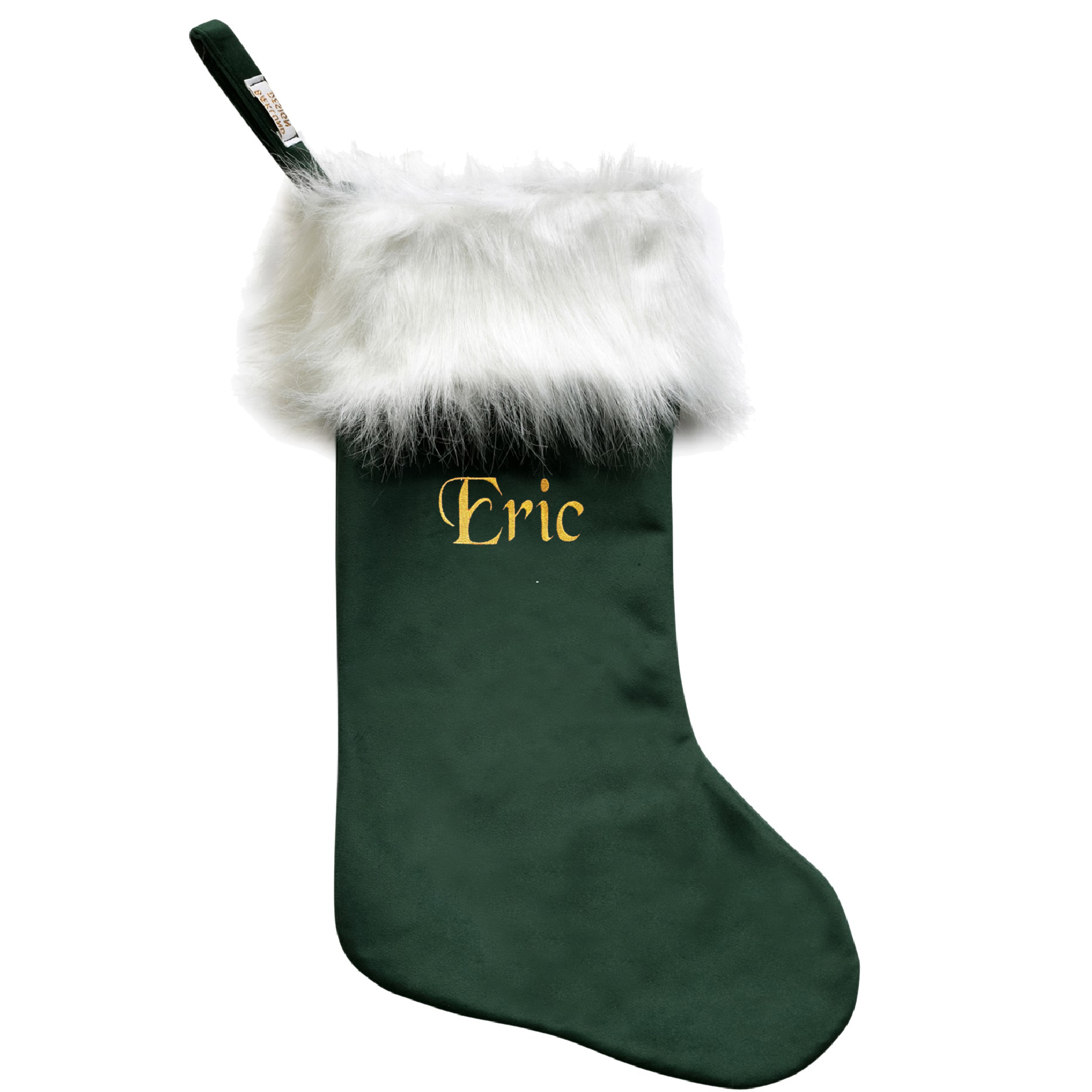 Julesok i velour med pelskant-Mrkegrn-Vlg farve p pelskant-med/uden navn
