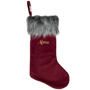 Julesok i velour - Rd - med gr pelskant -med/uden navn