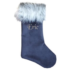 Julesok i velour med pelskant-Mrkebl-Vlg farve p pelskant-med/uden navn