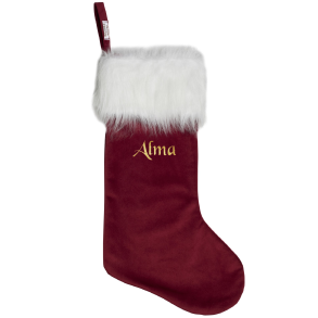 Julesok i rd velour med hvid pelskant-med/uden navn