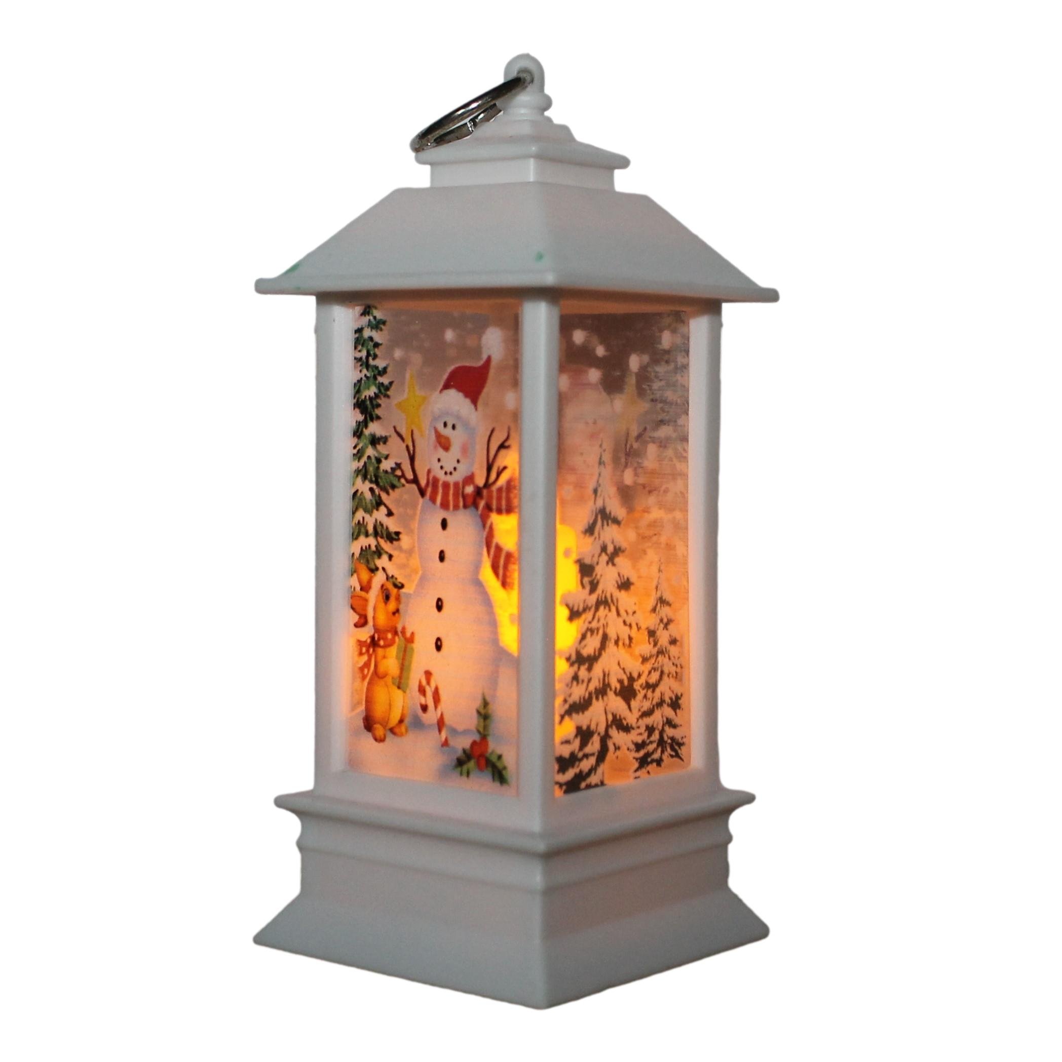 Lanterne med led lys - 13 cm Hvid med Snemand