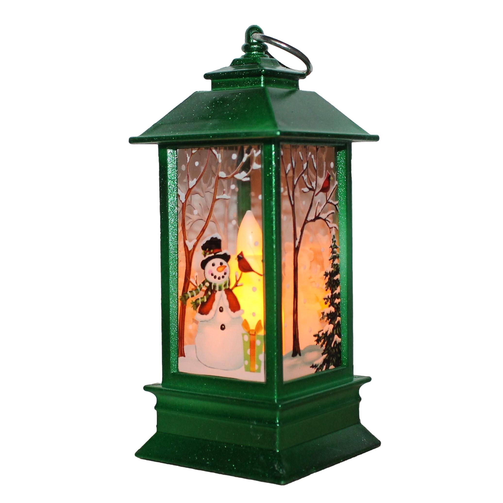 Lanterne med led lys - 13 cm Gr&oslash;n med Snemand