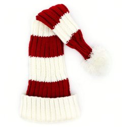 Nissehue i groft strik - Stribet R�d/Hvid - Fra 2 �r til voksen-med/uden navn