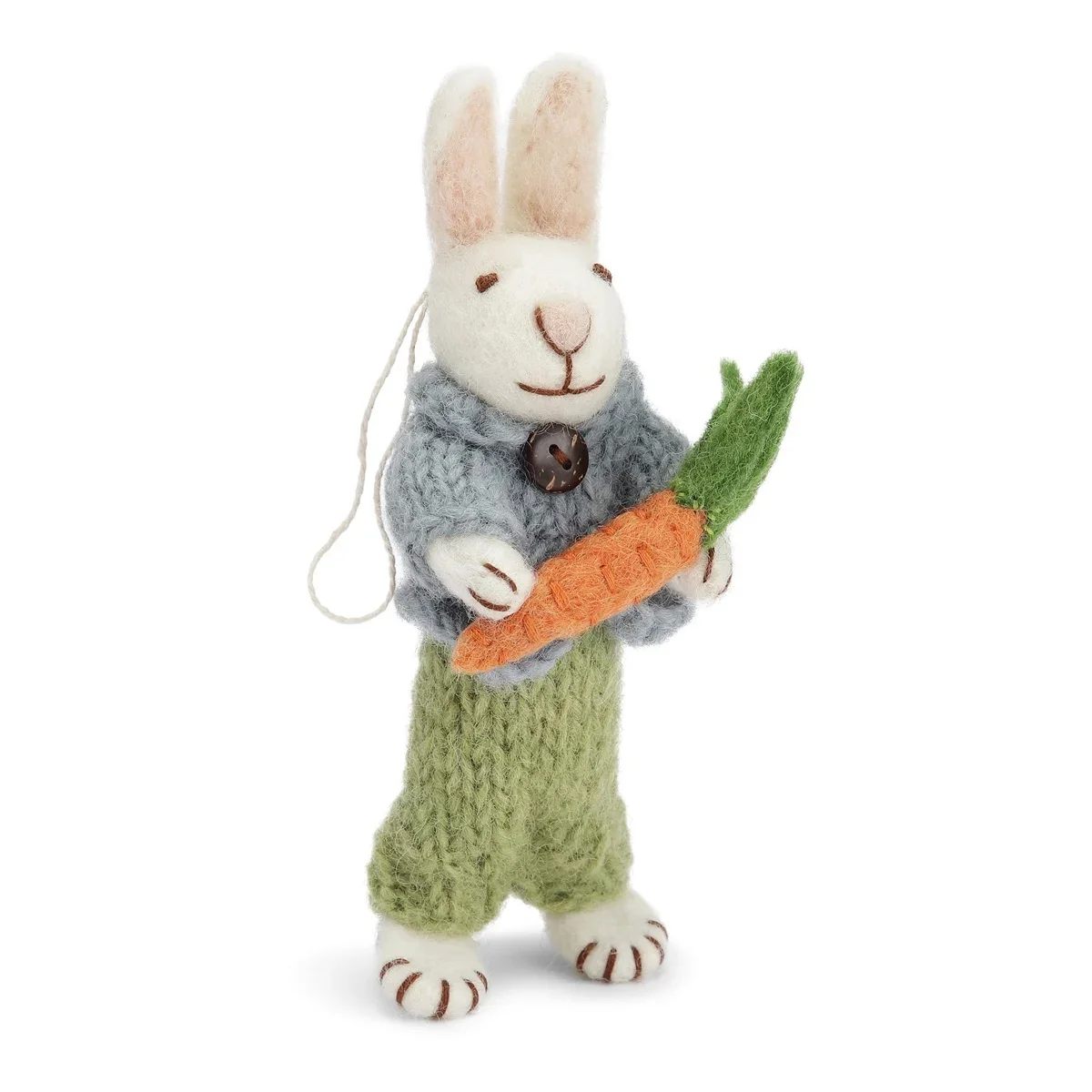 Hvid kanin fra Gry og Sif-filtet-med bl jakke, grnne bukser og gulerod