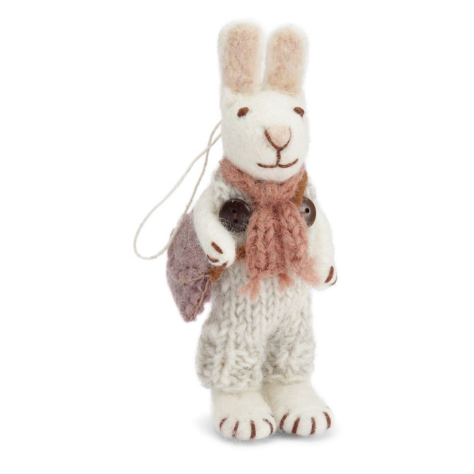 Hvid kanin fra Gry og Sif-filtet-med gr bukser og rosa halstrklde