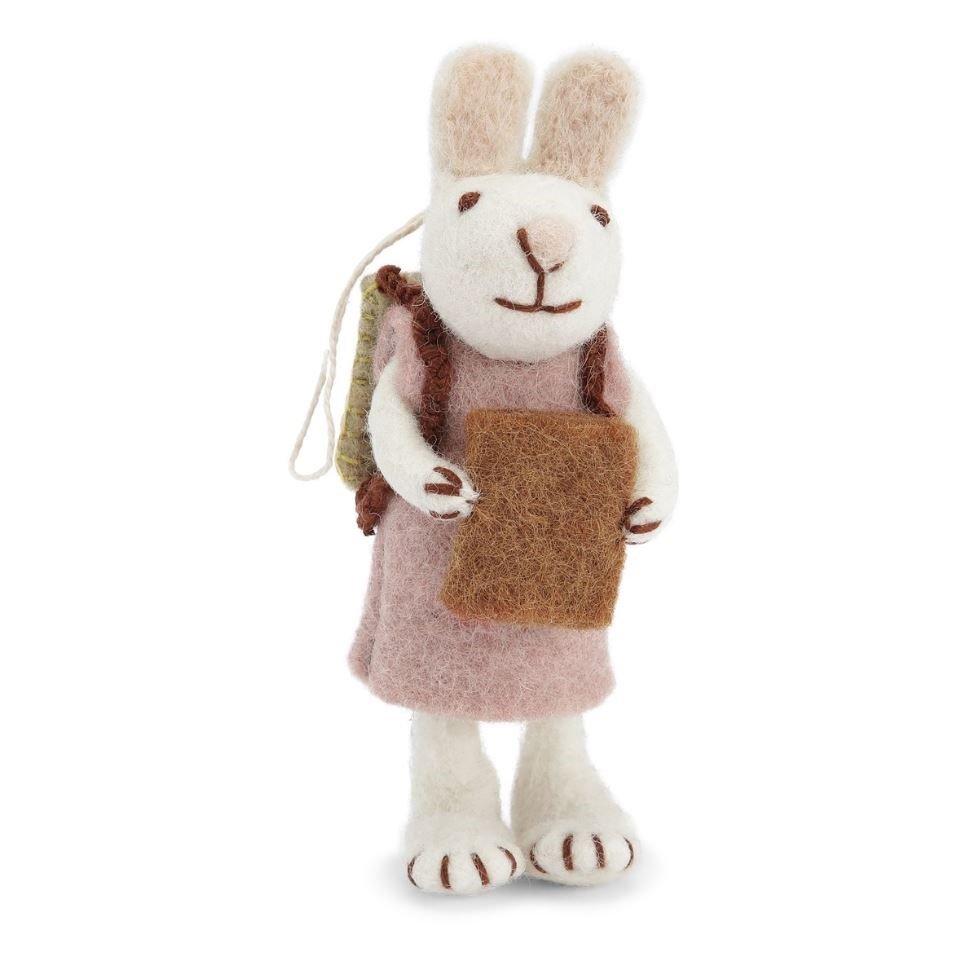Hvid kanin fra Gry og Sif-filtet-med lavendel kjole og bog