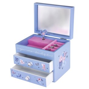 Stort smykkeskrin med musik og sommerfugle, Lysebl, Med navn