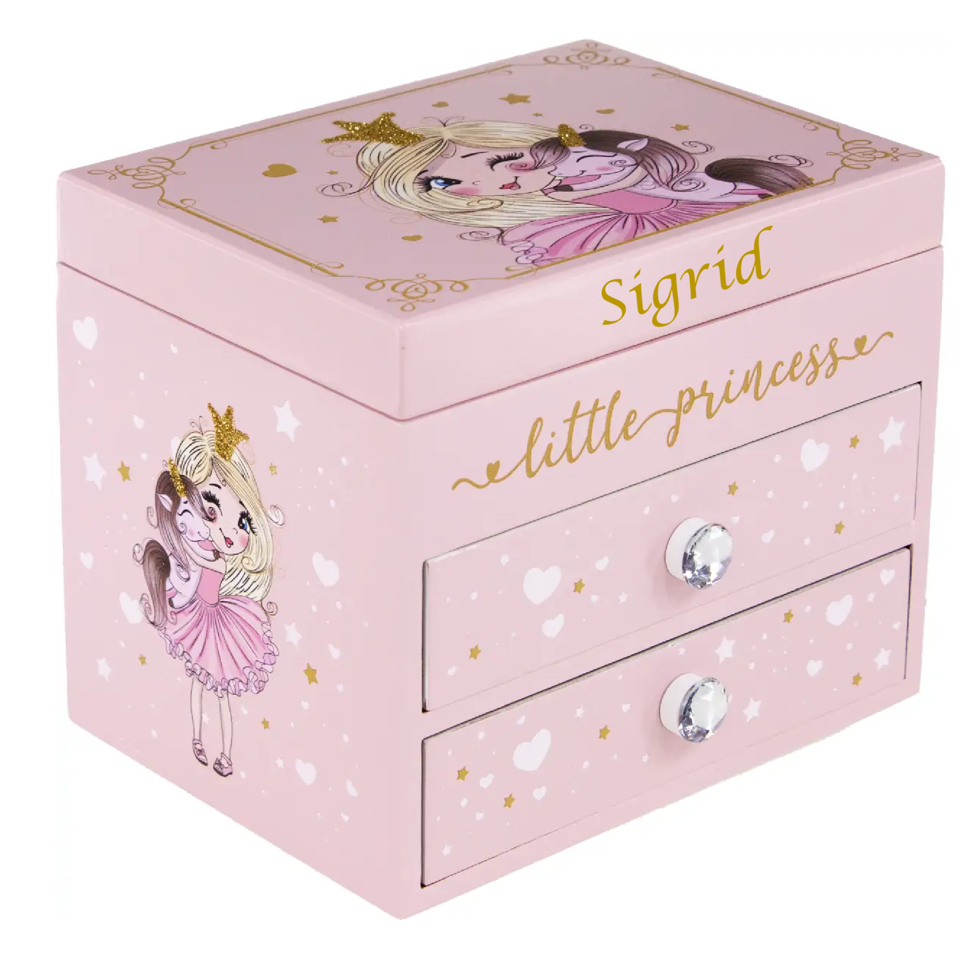 Stort smykkeskrin med musik og prinsesse, Rosa, Med navn