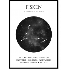 Plakat med stjernetegn - Fisken Sort